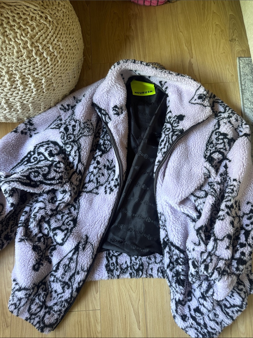 HEURUEH Lavender Black Patterned Sherpa Jacket